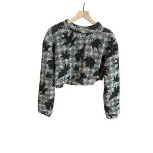 Woolrich Rugged Outdoorwear Sherpa Pullover Fleece Leaf Print Gray Black Cropped